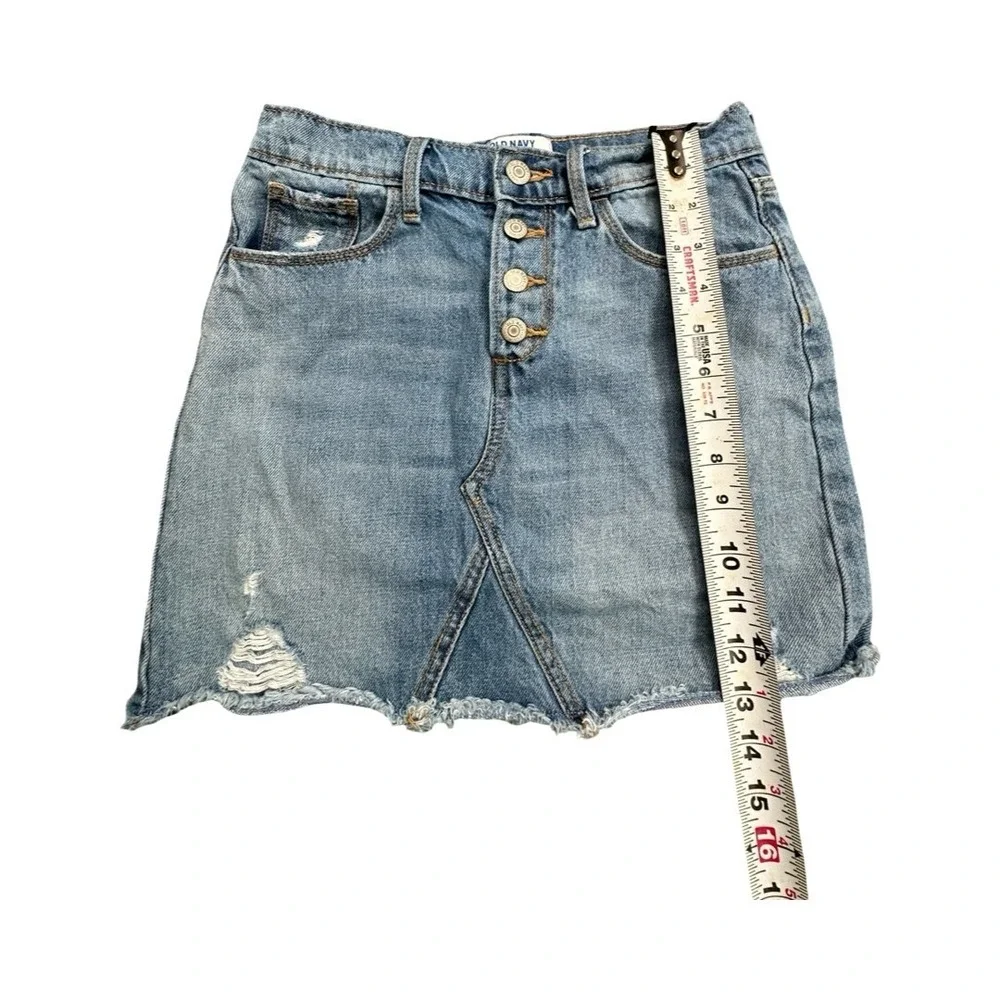 Old Navy Denim Skirt Girls L 10-12 Blue Distressed Mini Button Front Raw Hem